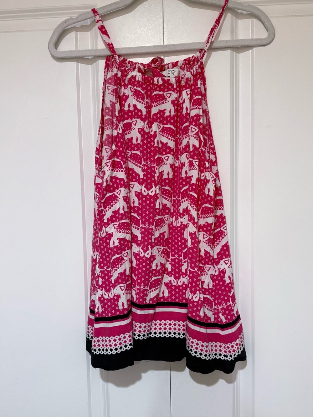 crown & ivy Pink and White Elephant Print Tank with Navy Trim